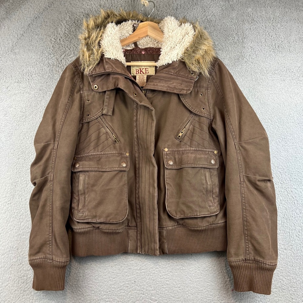 Y2K BKE Brown Canvas Utility Bomber Jacket Faux Fur Trim Hooded Womens Large